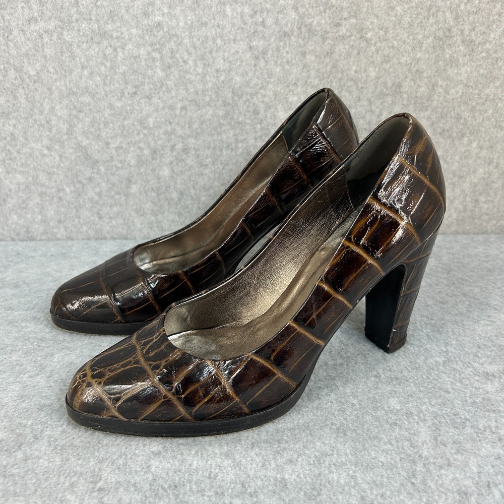 Vintage Claudia Ciuti SZ 7.5 Brown Almond Toe‎ Crocodile Print Heels Pumps Block